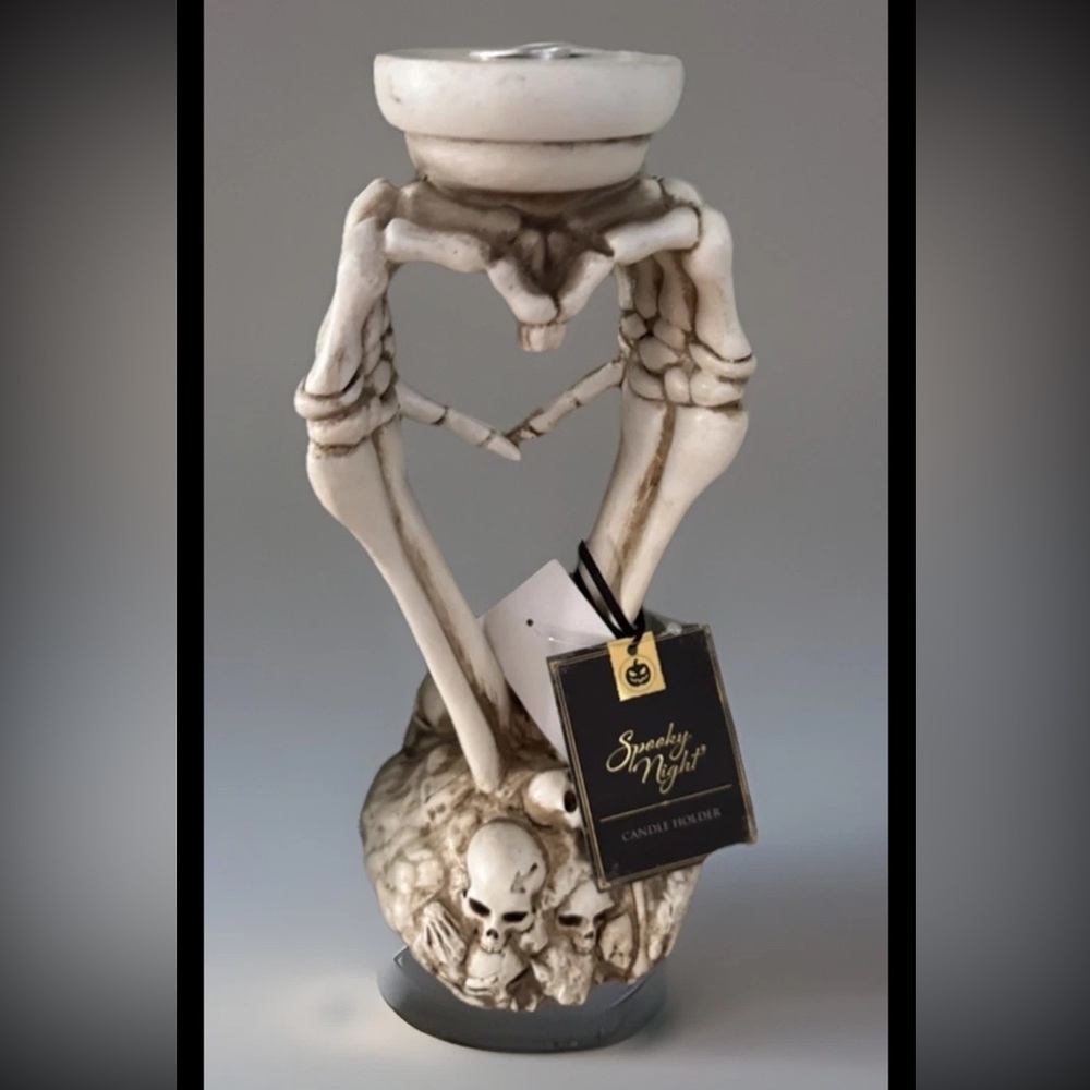 Skeleton Heart Hands 11”Tall Candle Stick Holder Skull Bones Halloween Decor New